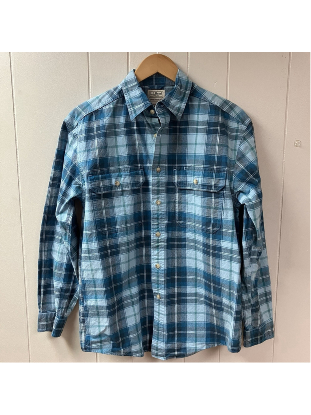 LL Bean Mens Traditional Fit Plaid Button Down Shirt SZ Small Teal Blue 286410